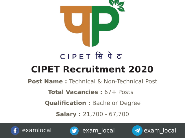 CIPET Recruitment 2020 | 67 Technical & Non-Technical Jobs - ExamLocal.in