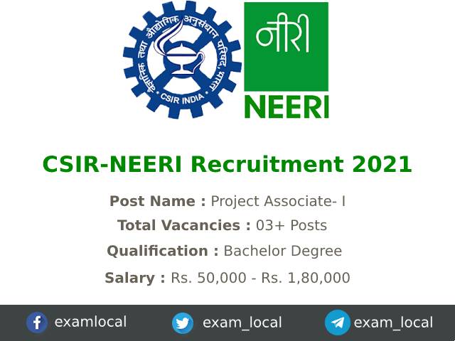 CSIR-NEERI Recruitment 2021 | 03 Project Associate- I Jobs - ExamLocal.in