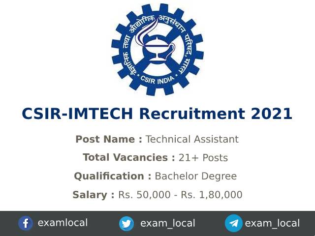 CSIR-IMTECH Recruitment 2021 | 21 Technical Assistant Jobs - ExamLocal.in